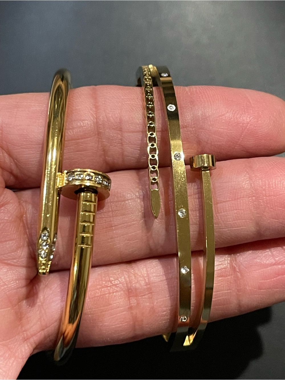 Gold Nail-Inspired Cuff Bracelet with Crystal Accents Stainless Steel